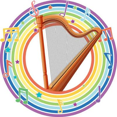 Harp in rainbow round frame with melody symbols