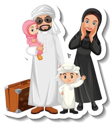 Happy Arab family cartoon character sticker on white background