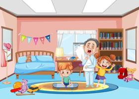 interior de dormitorio con personaje de dibujos animados de niños vector