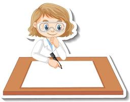 personaje de dibujos animados de niña científica con mesa en blanco vector