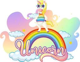 personaje de dibujos animados de unicornio de pie sobre un arco iris con fuente de unicornio vector