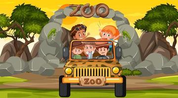 Zoo at sunset time scene with many kids in a jeep car vector