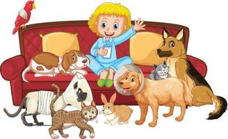 Little girl sitting with many kind of her pets vector