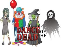 danza del diseño de texto muerto con personajes fantasmas de halloween vector