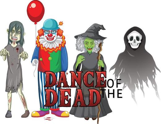 Dance of the dead text design with Halloween ghost characters