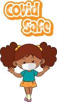 Covid Safe font in cartoon style with a girl wearing medical mask on white background vector