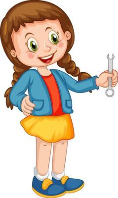 A girl holding wrench on white background