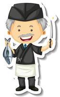 Sticker template with a chef man holds fish and knife isolated vector