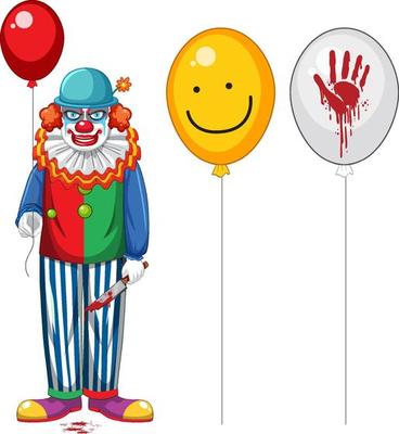 Creepy clown holding balloon on white background