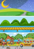 Set of different horizon scenes background with doodle kids cartoon character vector