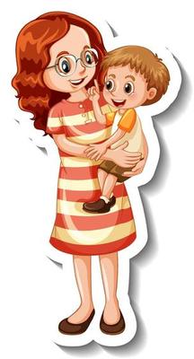 A sticker template with mother holding her son in standing pose