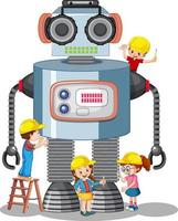 Niños construyendo robots juntos sobre fondo blanco. vector