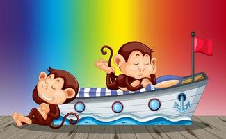 Two monkeys sleeping on rainbow gradient background vector