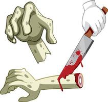 Cortar la mano de zombie con un cuchillo sobre fondo blanco. vector