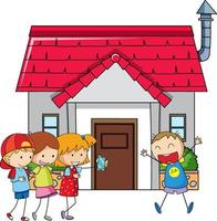 Front view of mini house with many kids on white background vector