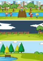 Set of different horizon scenes background with doodle kids cartoon character vector