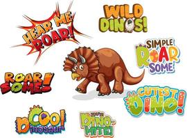 Set of different dino word typography design with a cute triceratop cartoon character vector