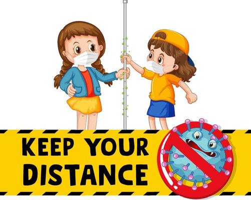 Keep Your Distance font in cartoon style with two kids do not keep social distance isolated on white background