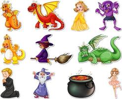 Sticker set with different fairytale cartoon characters vector