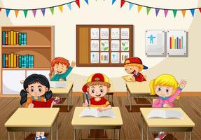 escena con muchos niños estudiando en el aula. vector