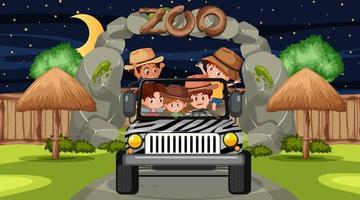 Safari en la escena nocturna con muchos niños en un coche jeep. vector