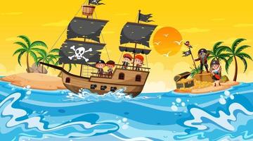 escena de la isla del tesoro al atardecer con niños piratas en el barco vector