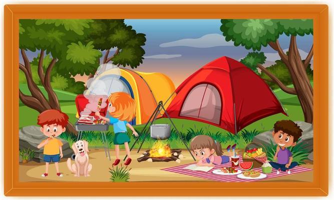 Kids camping outdoor scene photo in a frame