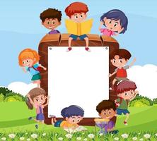 Empty wooden frame with student kids cartoon character vector