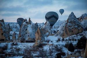 Cappadocia, Turkey, 2021 - Hot air balloons flying over Cappadocia