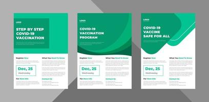 covid-19 vaccination program flyer design template bundle. coronavirus vaccination poster leaflet 3 in 1 design. bundle, 3 in 1, a4 template, brochure design, cover, flyer, poster, print-ready vector