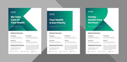 medical health care flyer design template bundle. health care poster leaflet design. bundle, 3 in 1, a4 template, brochure design, cover, flyer, poster, print-ready vector