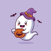 Cute halloween ghost holding pumpkin cartoon illustration