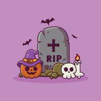 Cute pumpkin with tombstones skulls and candle halloween background vector