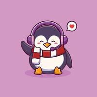 Cute happy penguin with headphone cartoon icon illustration. animal nature icon concept isolated vector