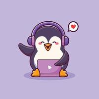 Cute penguin with headphone working on a laptop icon cartoon illustration vector