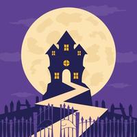 feliz halloween banner o concepto de tarjeta de felicitación con la casa de la bruja frente a la luna. vector