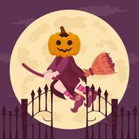 Happy Halloween banner or greeting card concept with witch uses a gourd on the head and flies over the moon. vector