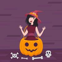 feliz halloween banner o concepto de tarjeta de felicitación con mujer bruja dentro de la calabaza. vector