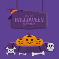 Happy Halloween banner or greeting card concept with three pumpkin. vector