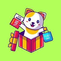 lindo gato de compras con ilustración de dibujos animados de cupón de descuento. concepto de estilo de dibujos animados planos de venta de animales y flash vector