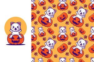 Cute cat with pumpkin happy halloween with seamless pattern vector