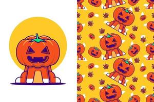 Cute pumpkin monster happy halloween with seamless pattern vector