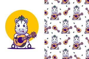 Cute Zebra playing guitar cartoon illustrations with seamless pattern vector