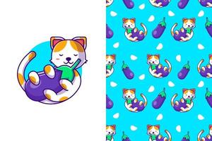 Seamless pattern cute cartoon cat with eggplant vector