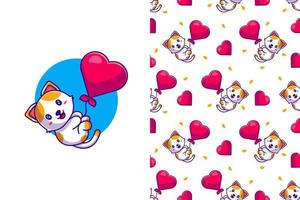Seamless pattern cute cartoon cat with love balloon