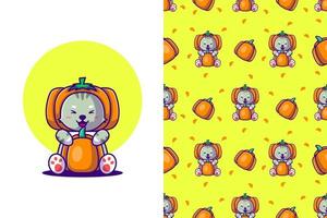 gato de dibujos animados lindo de patrones sin fisuras con calabaza feliz halloween vector