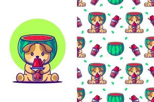 Cute dog cartoon and watermelon with seamless pattern vector