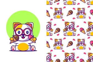 gato de dibujos animados lindo de patrones sin fisuras con helado vector