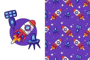 Rocket in the space cartoon illustrations with seamless pattern vector