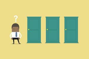 African businessman standing beside three doors, unable to make the right decision concept with question marks above his head. vector